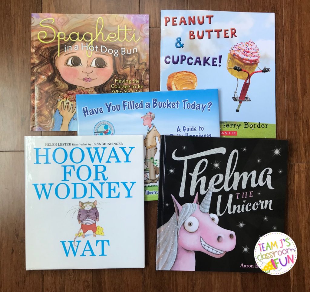 Picture of books - Spaghetti in a Hot Dog Bun, Peanut Butter & Cupcake, Have You Filled a Bucket Today, Thelma the Unicorn, Hooway for Wodney Wat