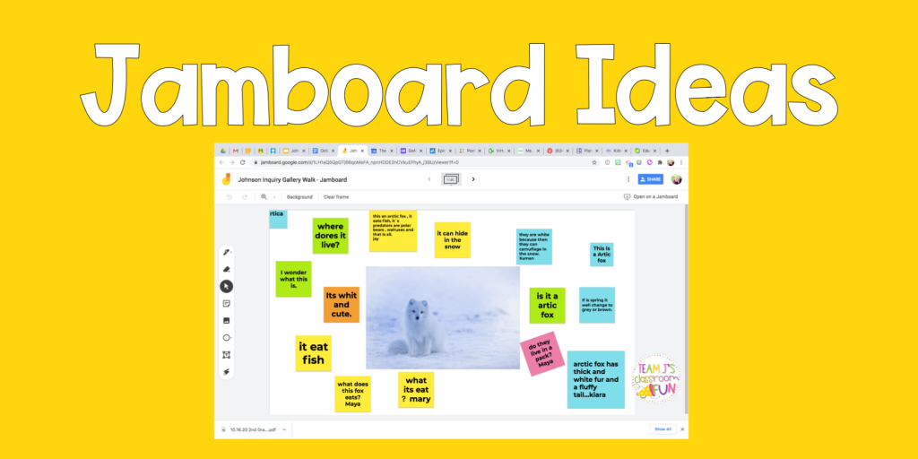 Blog header for Jamboard Ideas for your classroom. Includes photo of a virtual gallery walk