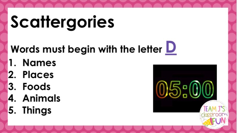 Image of Scattergories Slide for letter D with 5 minute timer