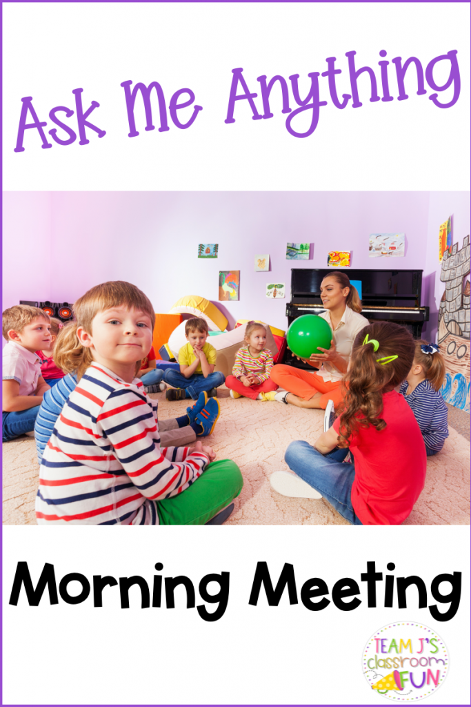 Ask Me Anything - Morning Meeting. Photo of class sitting in a circle with boy looking at camera. Long Pin