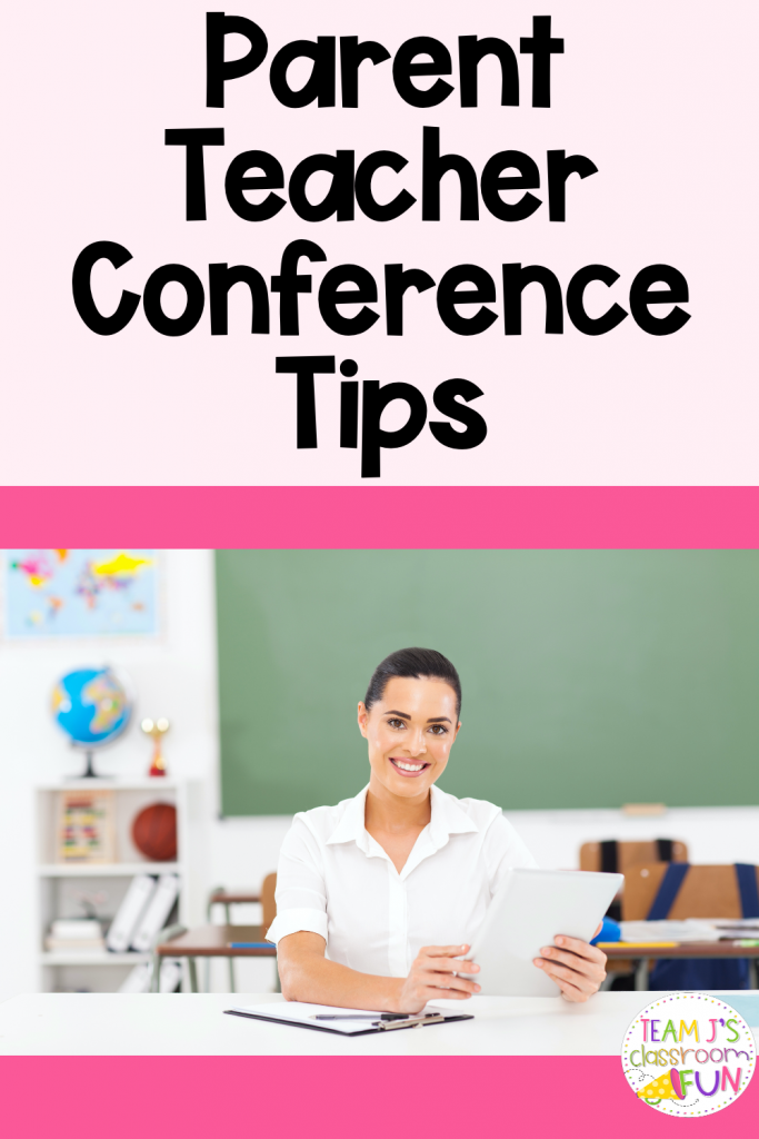 Pin for Parent Teacher Conference blog with photo of a teacher sitting.
