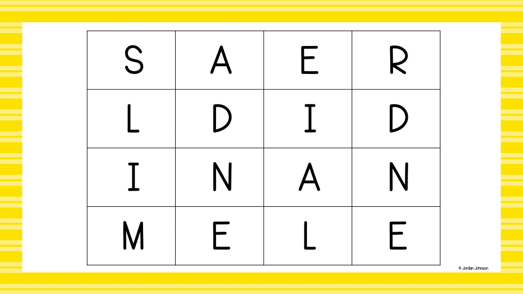 Image of Word Creator board with 16 letters for students to use to make words.