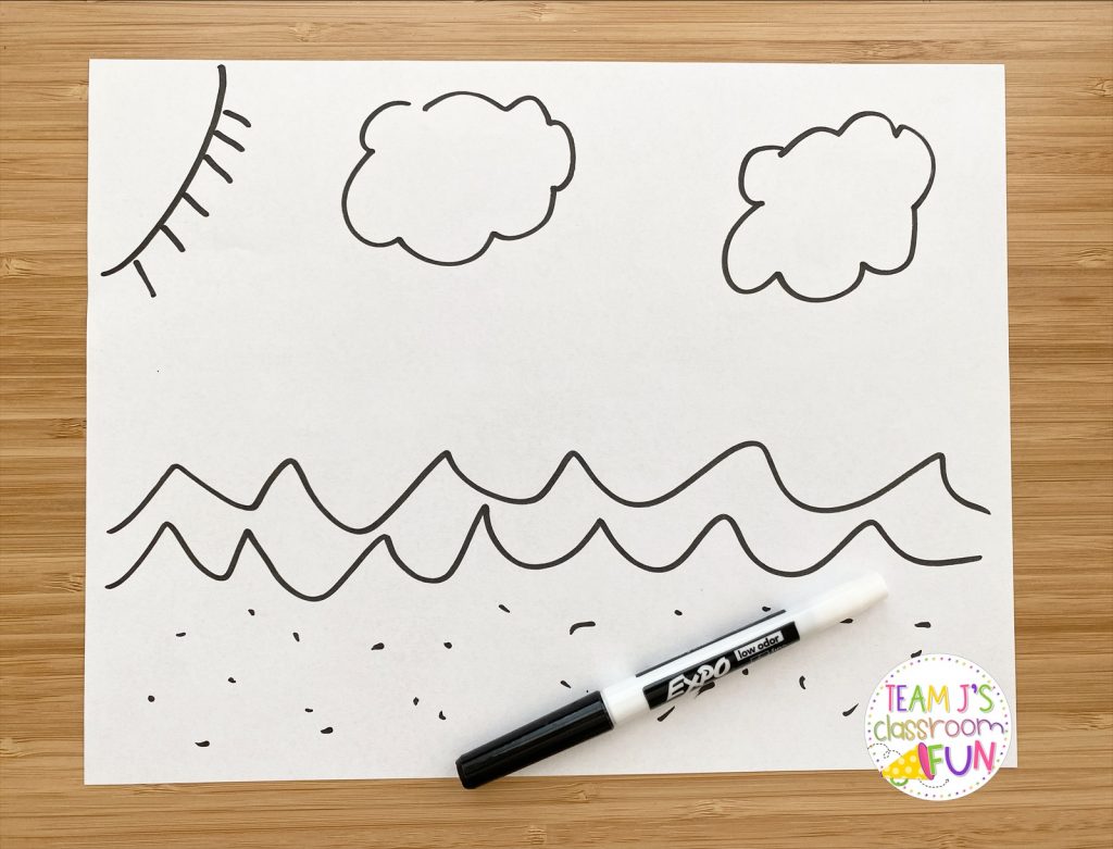 Photo of drawn beach scene with clouds, sun, ocean waves, and sand.