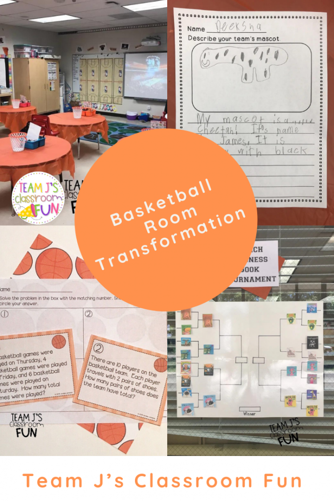 Pin image for Basketball Room Transformation blog post - photos of book bracket, basketball word problems, decorations, and player write-up