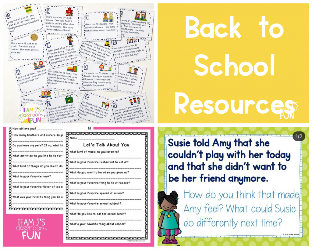 Photos of back to school resources - Back to School Word Problems, Get to Know You Activities, SEL Discussion Cards