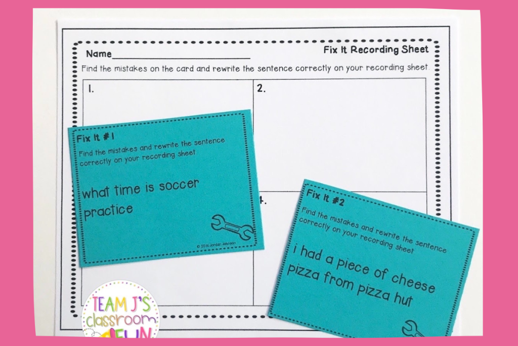 Photo of Fix It Recording sheet and two teal colored grammar task cards on a pink background.