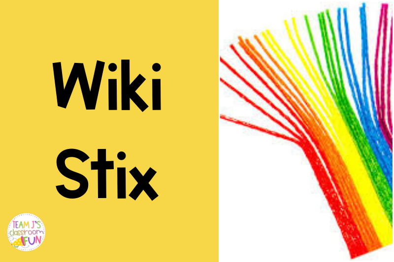 Words Wiki Stix with photo of different colored Wiki Stix - fidgets for the classroom.