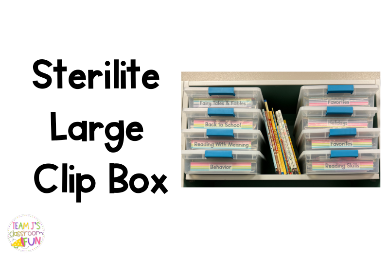 Photo of mentor texts organized in clip boxes