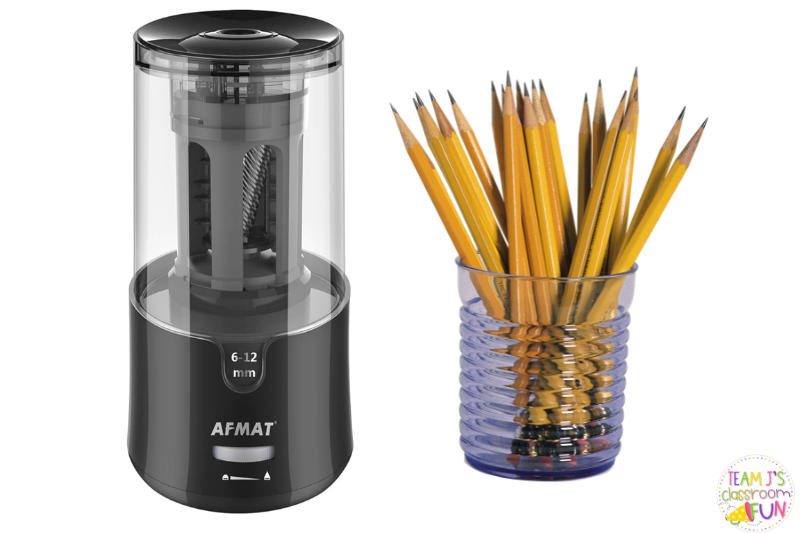 picture of pencil sharpener and cup of sharpened pencils